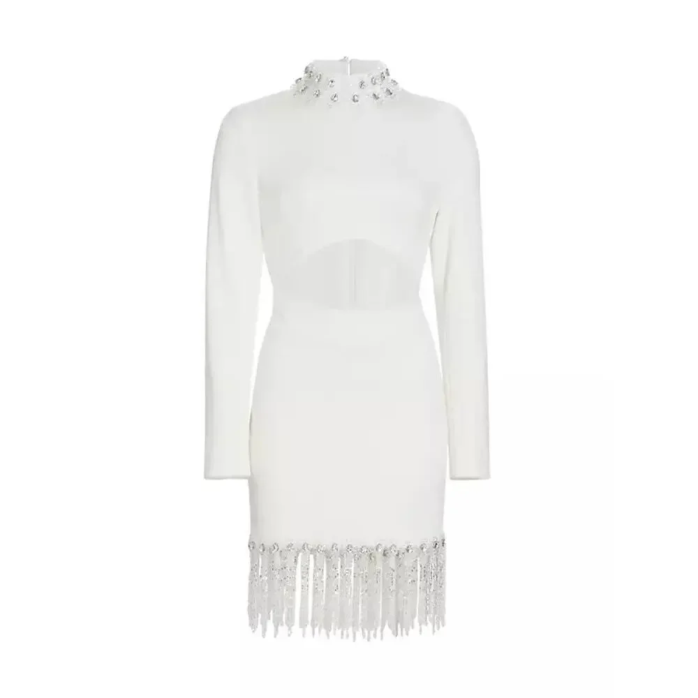 PatBO Hand Crystal Beaded High Neck Long Sleeve Mini Dress